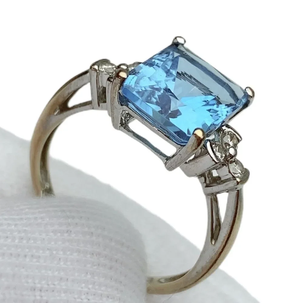 10k 10KT Karat Fine Solid White Gold Blue Topaz & Diamond Ring Women’s 6.5